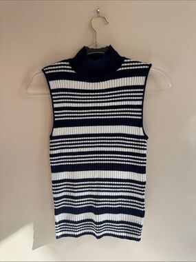 Miss Selfridge navy and white striped ribbed sleeveless mockneck tank top